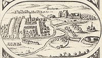 Zamek w Bytowie - Panorama miasta z widokiem zamku. Rysunek na mapie Eilharda Lubinusa z 1618 roku