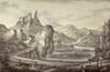 Zamek w Czorsztynie - Widok ruin XIV-wiecznego zamku w Czorsztynie od strony zachodniej na litografii Karola Auera wedug rysunku Antoniego Lange, 'Galicja w obrazach', Lww 1837-1838