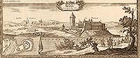 Zamek w Kruszwicy - Zamek na sztychu Erika Dahlbergha z dziea Samuela Pufendorfa 'De rebus a Carolo Gustavo gestis', 1656 rok