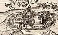 Zamek w owiczu - Zamek w owiczu na przeomie XVI i XVII wieku, fragment miedziorytu z dziea Georga Brauna i Fransa Hogenberga 'Civitates orbis terrarum'