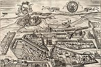 Zamek w owiczu - Panorama owicza na przeomie XVI i XVII wieku, miedzioryt z dziea Georga Brauna i Fransa Hogenberga 'Civitates orbis terrarum'