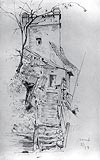 Zamek w Nowym Sczu - Baszta Kowalska na rysunku Jzefa Mehoffera z 1889 roku