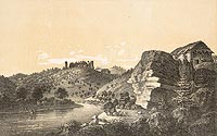 Zamek w Ronowie-aziskach - Rozwaliny zamku w Ronowie w obwodzie Sandeckim, od poudnia, litografia Macieja Bohusza Stczyskiego z 1846 roku